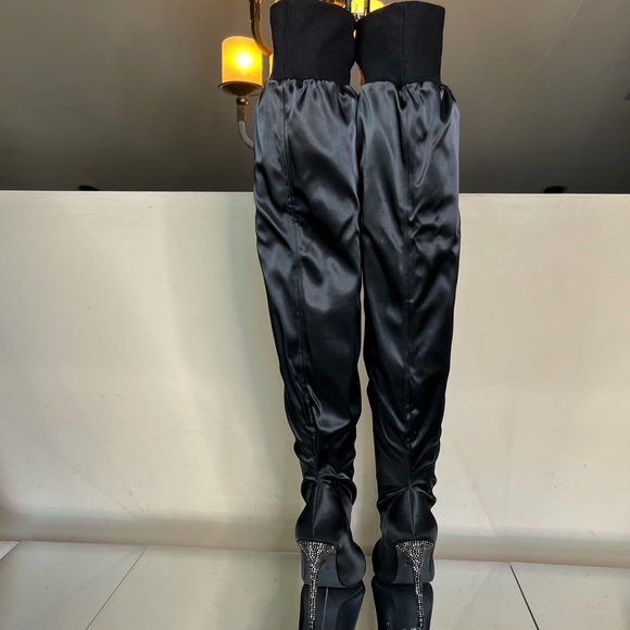 Black Satin Rhinestone Embellished Over the Knee Boots - Picture 10 of 12